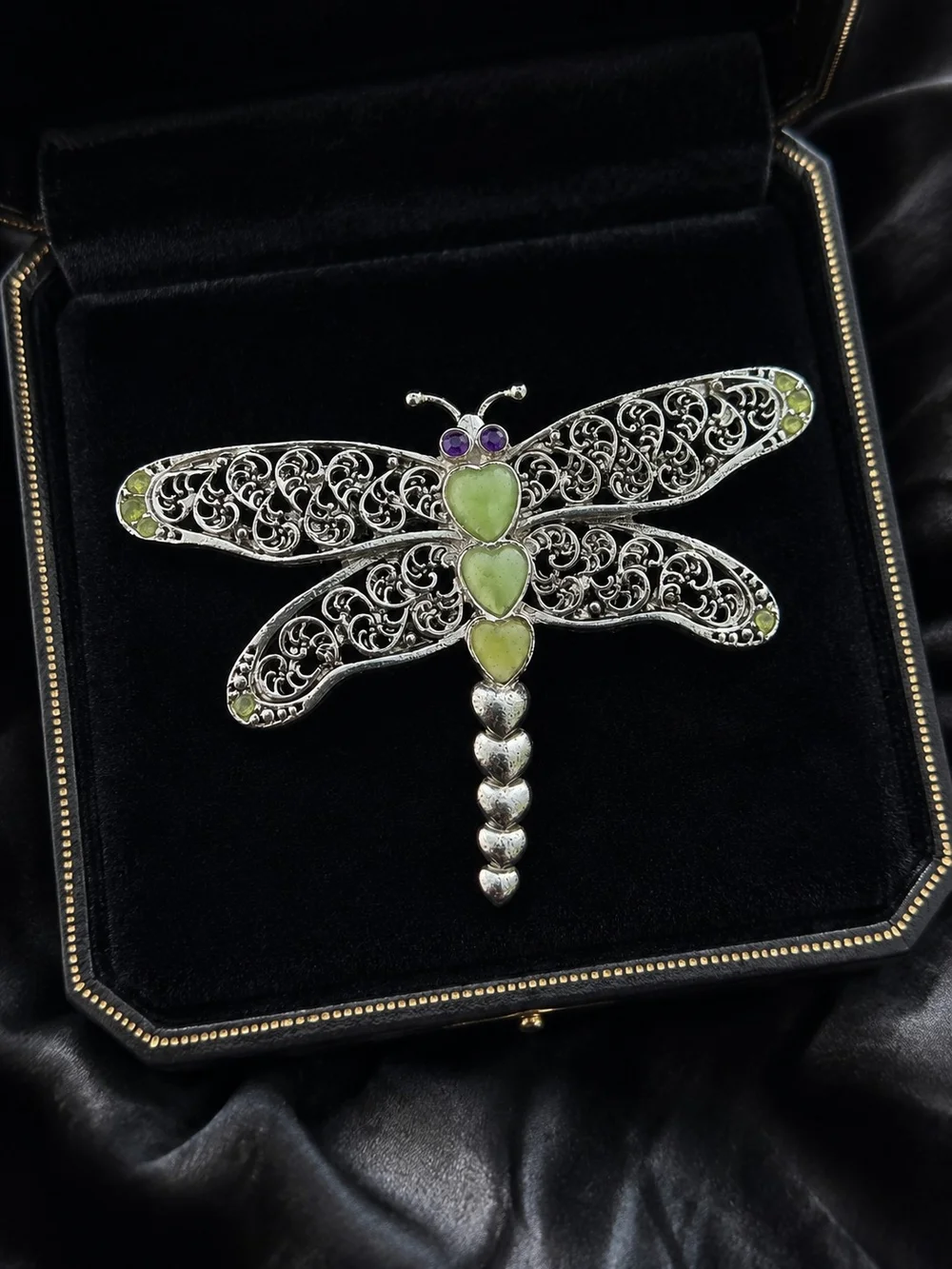 Vintage Silver Tone Filigree Dragonfly Brooch Pin with Green & Purple stones